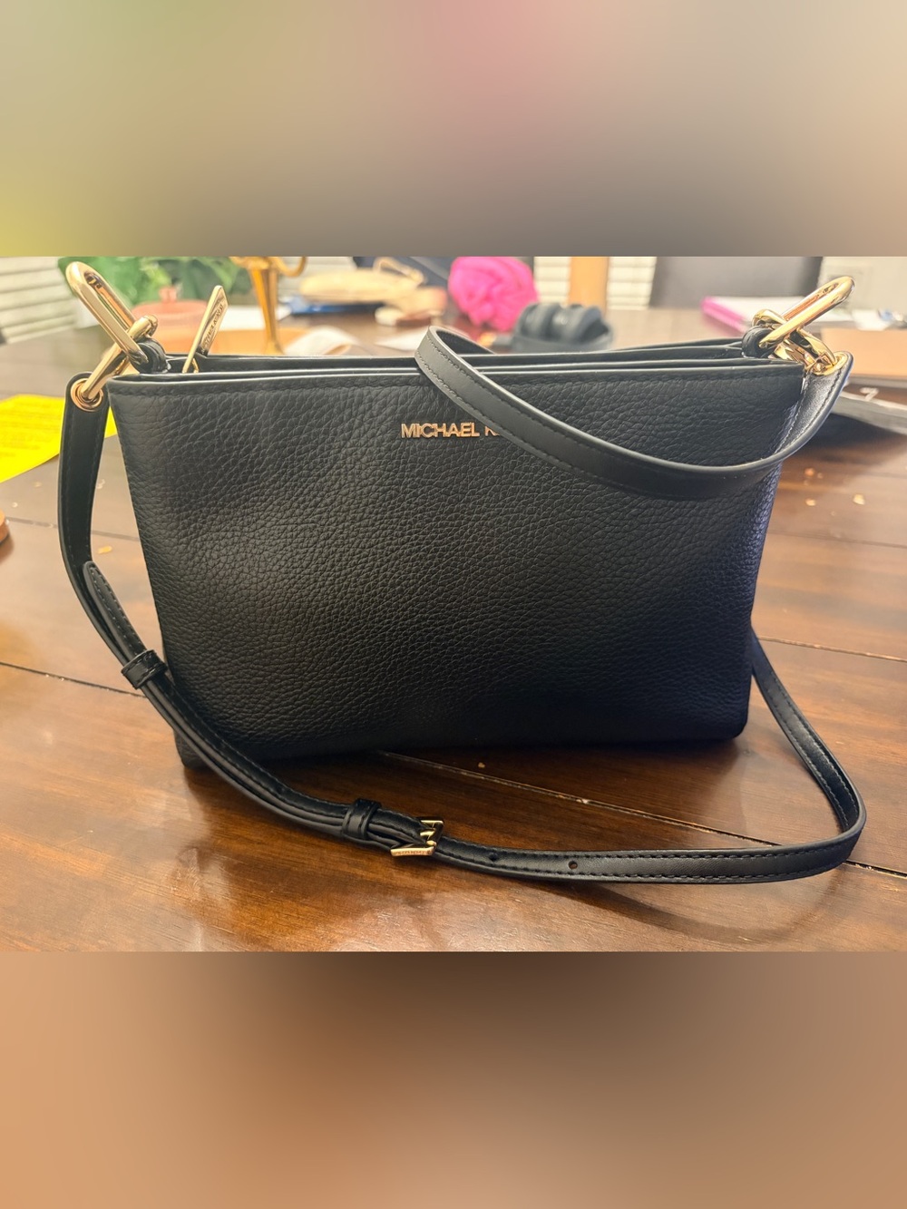Michael Kors Black Pebbled Leather Crossbody with Gold Hardware